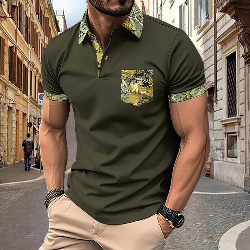 Vasaras vīriešu polo krekls ar īsām piedurknēm biroja vienkrāsains atloks kabatas T-krekls Vīriešu ikdienas sporta un atpūtas kabatas tops