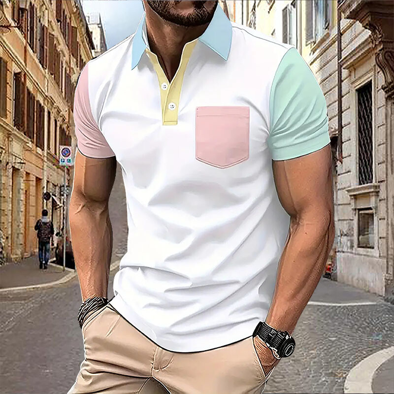 Vasaras vīriešu polo krekls ar īsām piedurknēm biroja vienkrāsains atloks kabatas T-krekls Vīriešu ikdienas sporta un atpūtas kabatas tops