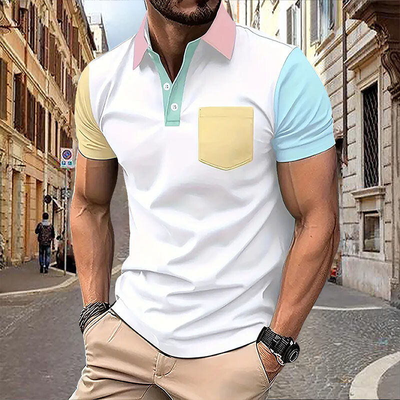 Vasaras vīriešu polo krekls ar īsām piedurknēm biroja vienkrāsains atloks kabatas T-krekls Vīriešu ikdienas sporta un atpūtas kabatas tops