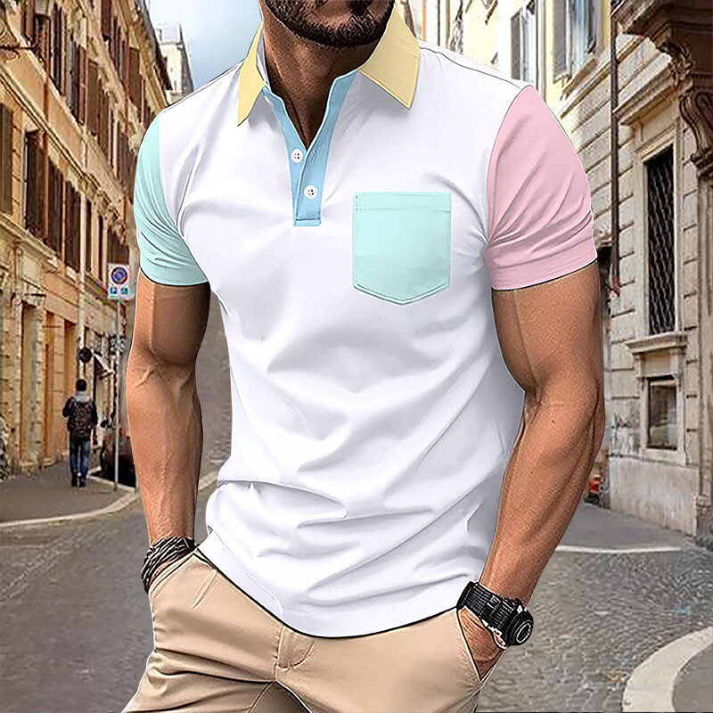Vasaras vīriešu polo krekls ar īsām piedurknēm biroja vienkrāsains atloks kabatas T-krekls Vīriešu ikdienas sporta un atpūtas kabatas tops