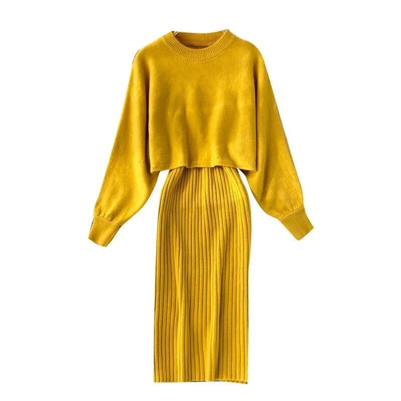 Rudens trikotāžas, apaļa kakla kleita, divdaļīga sieviešu kleita ar garām piedurknēm vienkrāsainas piedurknes Modes ziemas sieviešu kleita