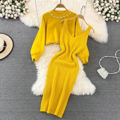 Pulover pentru femei Set de rochii midi Pulovere ocazionale Costume Toamna Iarna Decolteu O maneca lunga Tricotat Solid Slim Eleganta Topuri Elastic