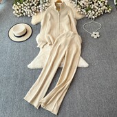 REALEFT Дамски комплекти от 2 части, плетен анцуг, пуловер с яка и прав панталон за джогинг, костюм 2024 Есен Зима