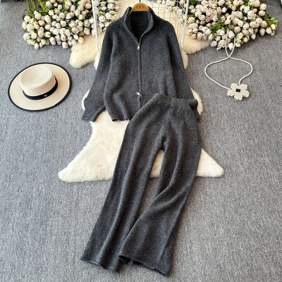 REALEFT Дамски комплекти от 2 части, плетен анцуг, пуловер с яка и прав панталон за джогинг, костюм 2024 Есен Зима