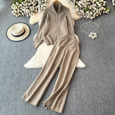 REALEFT Дамски комплекти от 2 части, плетен анцуг, пуловер с яка и прав панталон за джогинг, костюм 2024 Есен Зима