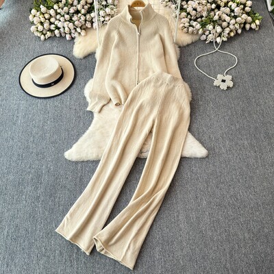 REALEFT Дамски комплекти от 2 части, плетен анцуг, пуловер с яка и прав панталон за джогинг, костюм 2024 Есен Зима