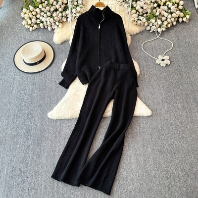 REALEFT Дамски комплекти от 2 части, плетен анцуг, пуловер с яка и прав панталон за джогинг, костюм 2024 Есен Зима