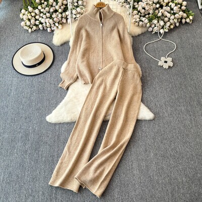 REALEFT Дамски комплекти от 2 части, плетен анцуг, пуловер с яка и прав панталон за джогинг, костюм 2024 Есен Зима