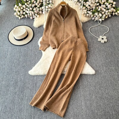 REALEFT Дамски комплекти от 2 части, плетен анцуг, пуловер с яка и прав панталон за джогинг, костюм 2024 Есен Зима