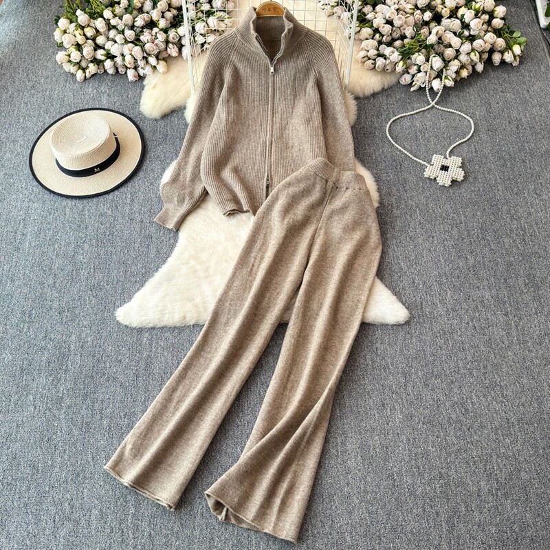 REALEFT Дамски комплекти от 2 части, плетен анцуг, пуловер с яка и прав панталон за джогинг, костюм 2024 Есен Зима