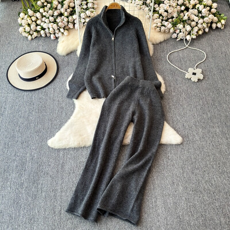 REALEFT Дамски комплекти от 2 части, плетен анцуг, пуловер с яка и прав панталон за джогинг, костюм 2024 Есен Зима