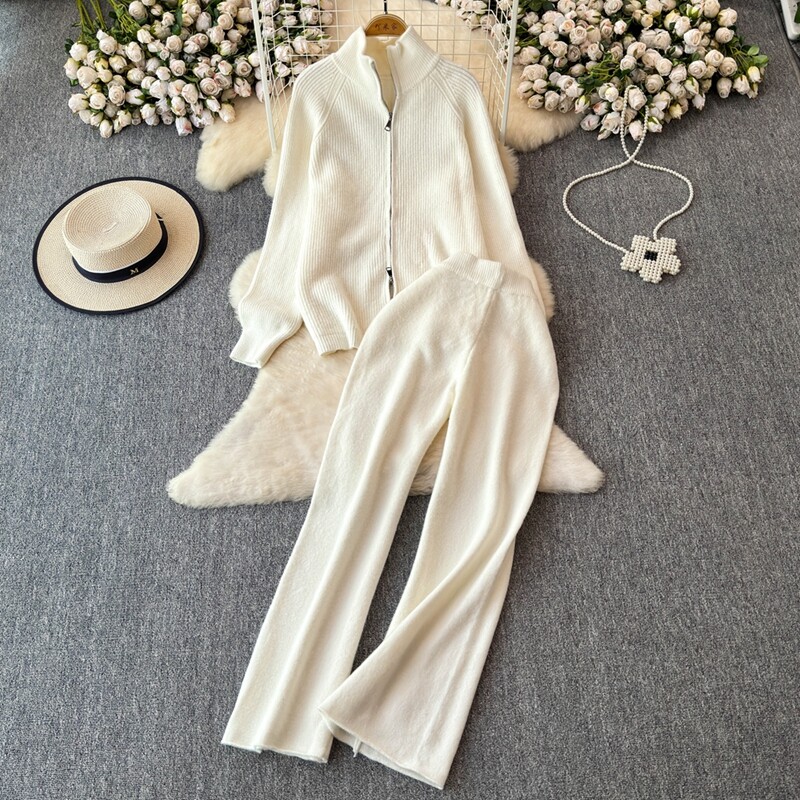 REALEFT Дамски комплекти от 2 части, плетен анцуг, пуловер с яка и прав панталон за джогинг, костюм 2024 Есен Зима