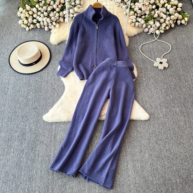 REALEFT Дамски комплекти от 2 части, плетен анцуг, пуловер с яка и прав панталон за джогинг, костюм 2024 Есен Зима