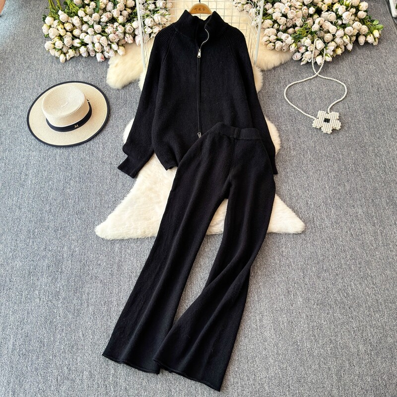 REALEFT Дамски комплекти от 2 части, плетен анцуг, пуловер с яка и прав панталон за джогинг, костюм 2024 Есен Зима