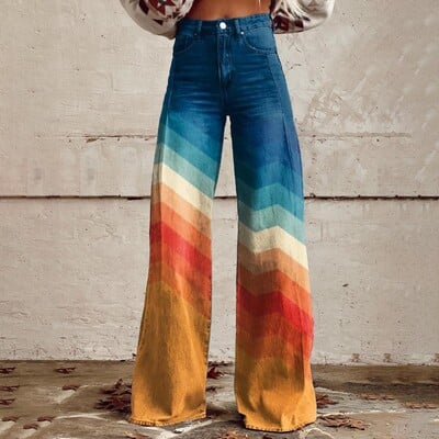 Pantaloni de denim artificial cu gradient de epocă, pentru femei, cu picioare late, la modă nouă, talie înaltă, casual, retro, punk, pentru femei, pantaloni din denim artificial, blugi