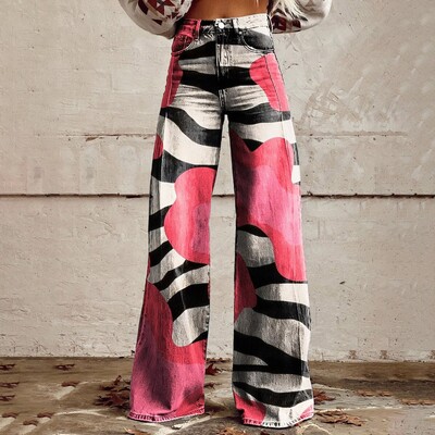 Vintage gradient kunstteksapüksid naiste laia säärega uus mood kõrge vöökohaga vabaaja retro punk naiste kunstteksapüksid teksad