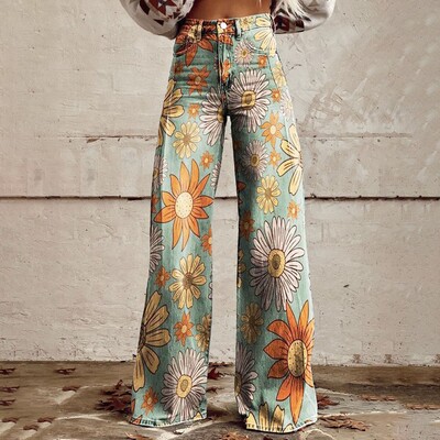 Vintage gradient kunstteksapüksid naiste laia säärega uus mood kõrge vöökohaga vabaaja retro punk naiste kunstteksapüksid teksad