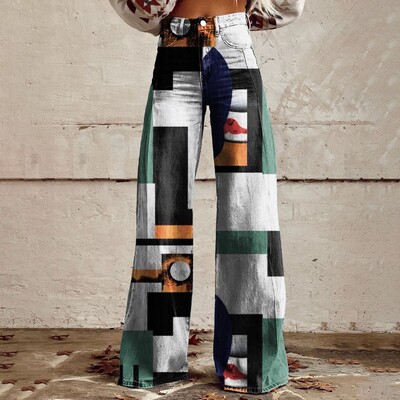 Vintage gradient kunstteksapüksid naiste laia säärega uus mood kõrge vöökohaga vabaaja retro punk naiste kunstteksapüksid teksad