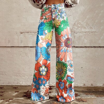 Vintage gradient kunstteksapüksid naiste laia säärega uus mood kõrge vöökohaga vabaaja retro punk naiste kunstteksapüksid teksad