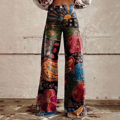 Vintage gradient kunstteksapüksid naiste laia säärega uus mood kõrge vöökohaga vabaaja retro punk naiste kunstteksapüksid teksad