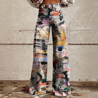 Vintage gradient kunstteksapüksid naiste laia säärega uus mood kõrge vöökohaga vabaaja retro punk naiste kunstteksapüksid teksad