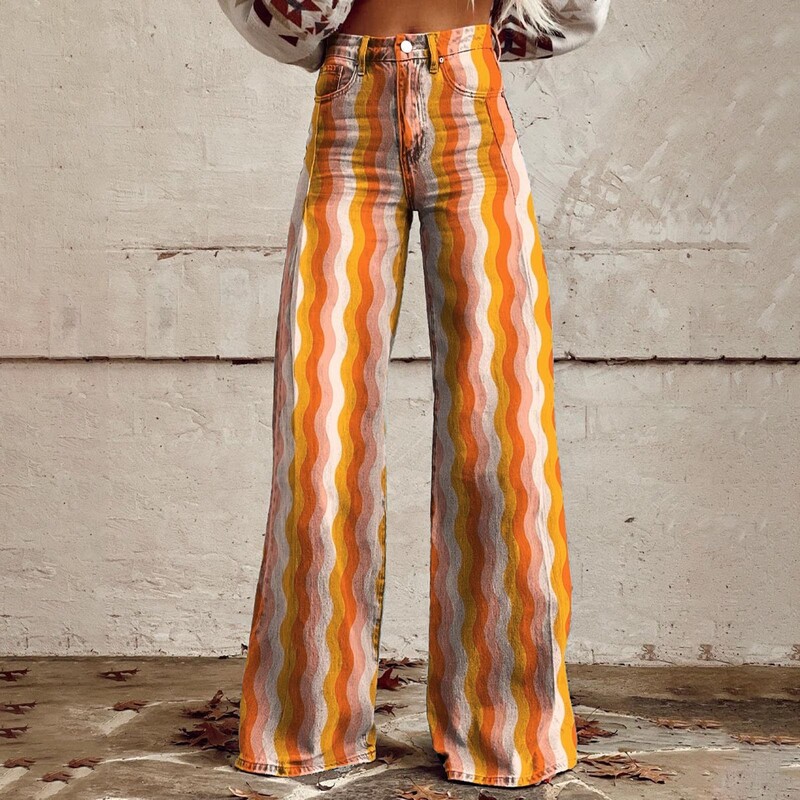 Vintage gradient kunstteksapüksid naiste laia säärega uus mood kõrge vöökohaga vabaaja retro punk naiste kunstteksapüksid teksad