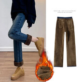 Ziemas biezinātas sieviešu ūdeles samta džinsi brīvi taisni silts mīksts flīss modes elastīgas sieviešu bikses ar augstu vidukli melnas zilas