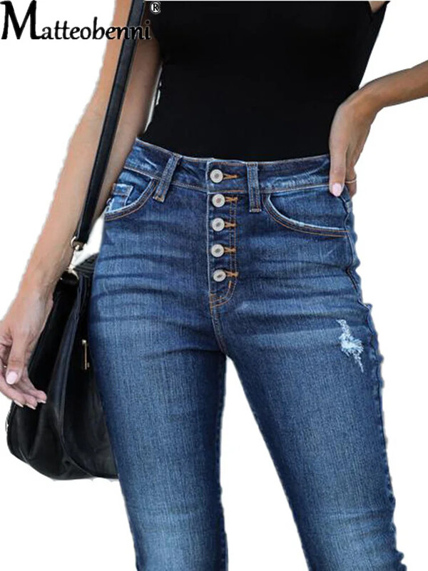 2021. aasta sügisene seksikad kõrge vöökohaga teksad, venivad rebenenud teksad naistele.