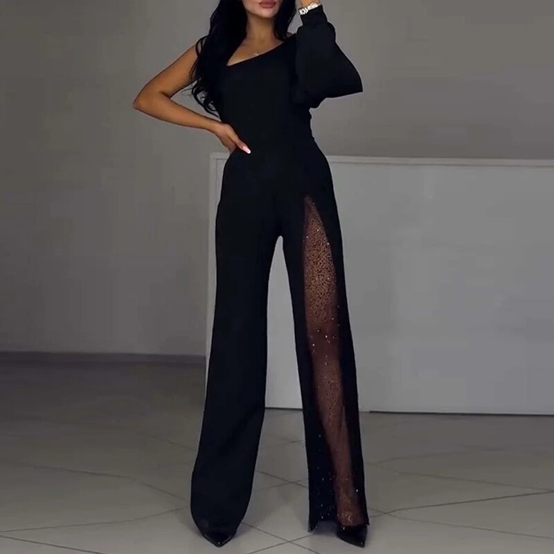 Seksīgi sieviešu kombinezoni ar vienu plecu bez atzveltnēm, pavasarīgi, eleganti, taisni ar augstu vidukli, bikses