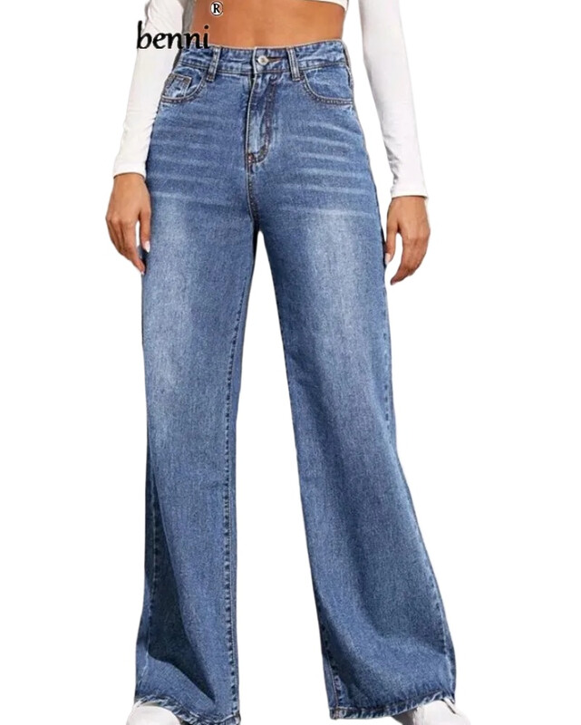 Nove modne ravne traperice visokog struka za 2024. Ženske jesensko plave ležerne široke traperice širokih nogavica Hlače na pruge Palazzo hlače