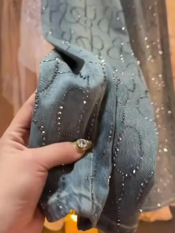 Dimanta džinsi sievietēm Spīdīgi ar augstu vidukli, brīvi plati kāju džinsu bikses zilas Rhinestone slaucīšanas bikses Streetwear modes bikses