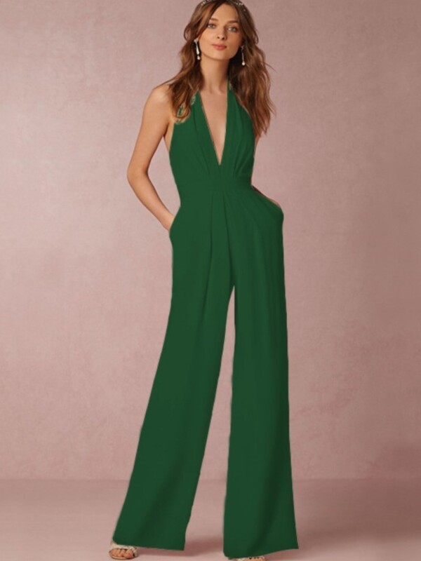Sieviešu modes kombinezons, 2024. gada jauna banketu kleita, seksīga bezmuguras, dziļa V veida kakla izgriezuma bikšu kombinezons, sieviešu apģērbs