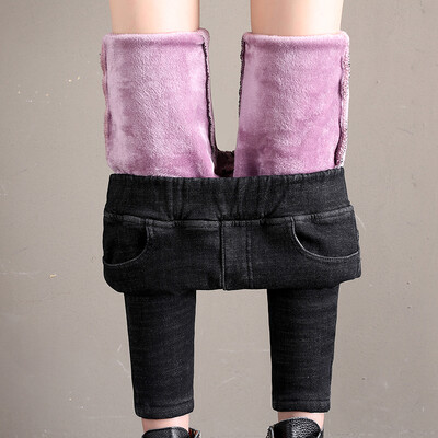 Зимни нови тесни дънки с еластична талия, поларени дамски ежедневни дебели термо молив панталони Класически сини плюшени топли дънкови панталони