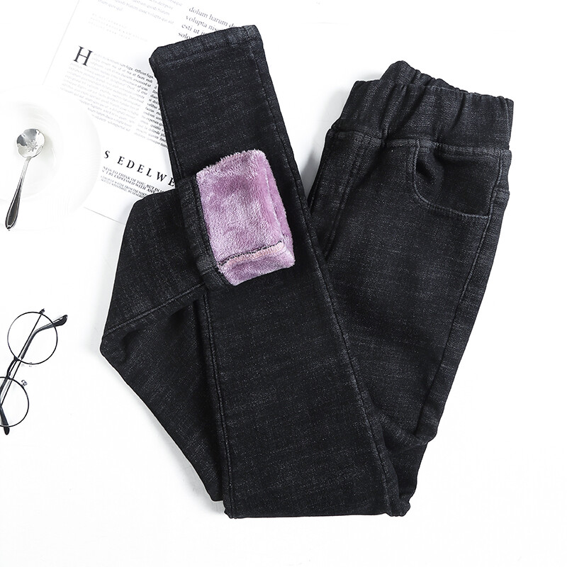 Зимни нови тесни дънки с еластична талия, поларени дамски ежедневни дебели термо молив панталони Класически сини плюшени топли дънкови панталони