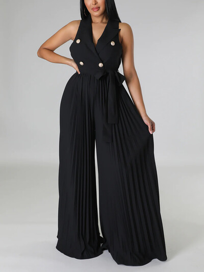 V-kaelusega plisseeritud varrukateta kombinesoon, tuul, kõrge vöökohaga, pitsilised, laiad püksid.