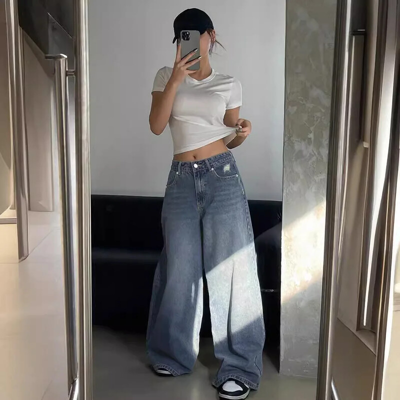 Дънки Дамски дънкови панталони Широки крачоли Дълъг панталон Ежедневни широки улични дрехи с висока талия Елегантни макси прави панталони Дънки с висока талия