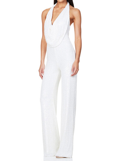 Дамски секси гащеризон с пайети 2024 г. Дамски елегантен дамски гащеризон с въртяща се яка, подредени модни прави гащеризони без ръкави с цип Официално парти облекло