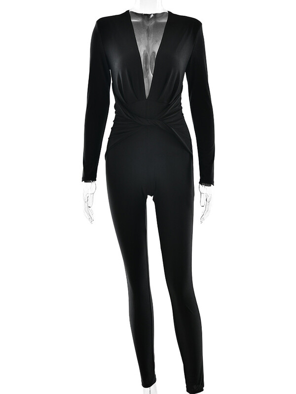 Sibybo Deep V Neck Sexy Jumpsuits Sieviešu Rudens Modes Crossed Ruched Garām Piedurknēm Bodycon Rompers Ikdienas viengabala apģērbi