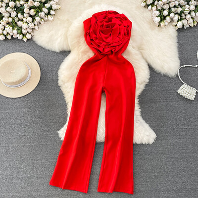 Elegants ziedu kombinezons ar augstu vidukli, ikdienišķs, platas bikses, modes vasaras sieviešu rotaļu tērps