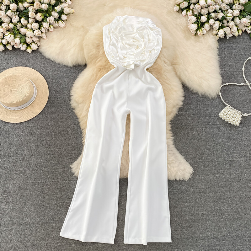 Elegants ziedu kombinezons ar augstu vidukli, ikdienišķs, platas bikses, modes vasaras sieviešu rotaļu tērps