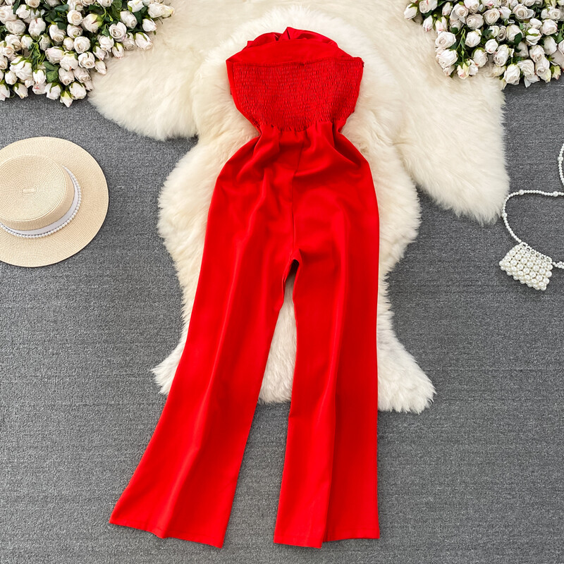 Elegants ziedu kombinezons ar augstu vidukli, ikdienišķs, platas bikses, modes vasaras sieviešu rotaļu tērps