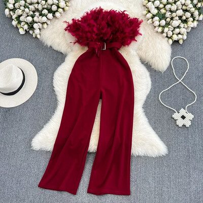 Feather Spliced Elegant Belt Jumpsuitek Női Bojt magas derekú Egyszínű Egyenes szárú nadrágok Elegáns vékony női bodyk