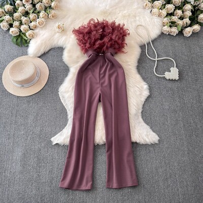 Neploe elegantsed vintage sulgedest tutid Olkadeta kombinesoonid, kõrge vöökohaga sirged püksid 2024. aasta suvel, uued lahtised laiad püksid