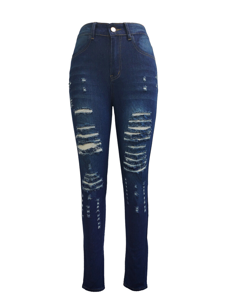 Sieviešu eleganti, saspringti, šauri džinsi — zils džinsa audums ar augstu vidukli ar izplēstiem caurumiem un slīpām kabatām ikdienas apģērbam