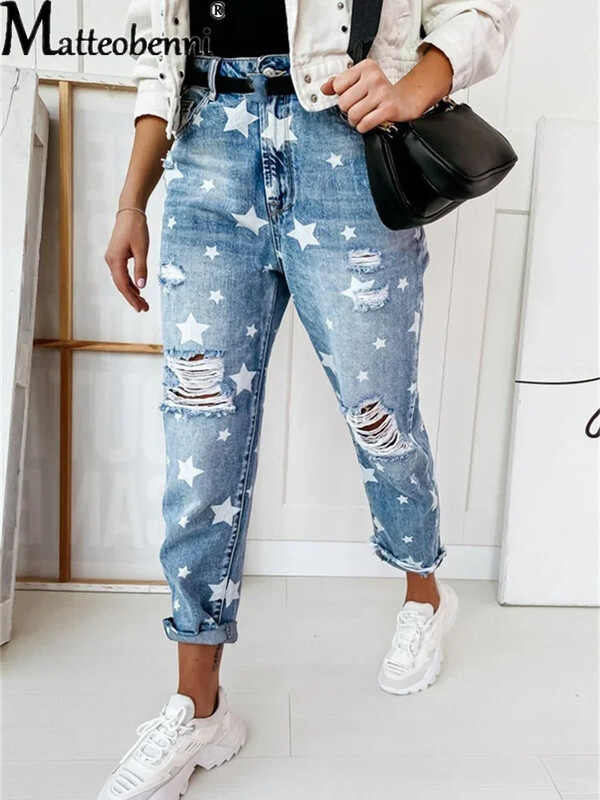 2023 Есен Boyfriend Jeans Женски дънки с тънки дупки за дами с петолъчка звезда Скъсани дънки Street Casual Blue Denim Pants