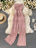 Sieviešu seksīgi kombinezoni bez siksnām Rokas bezpiedurknēm Eleganti, vienkrāsaini rombiņi vasaras brīvā dabā, pludmalē, platas kājas, garas bikses