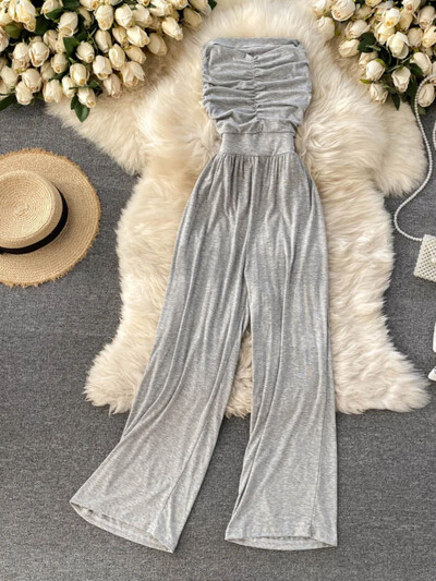 Sieviešu seksīgi kombinezoni bez siksnām Rokas bezpiedurknēm Eleganti, vienkrāsaini rombiņi vasaras brīvā dabā, pludmalē, platas kājas, garas bikses