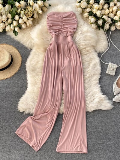 Sieviešu seksīgi kombinezoni bez siksnām Rokas bezpiedurknēm Eleganti, vienkrāsaini rombiņi vasaras brīvā dabā, pludmalē, platas kājas, garas bikses