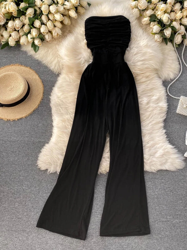 Sieviešu seksīgi kombinezoni bez siksnām Rokas bezpiedurknēm Eleganti, vienkrāsaini rombiņi vasaras brīvā dabā, pludmalē, platas kājas, garas bikses