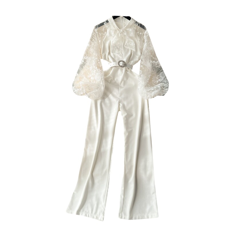 Augstas kvalitātes melna mežģīņu izšūšana tauriņa apkakle Slim kombinezons sievietēm rudens balts elegants garām piedurknēm platas kājas bodijs bikses franču